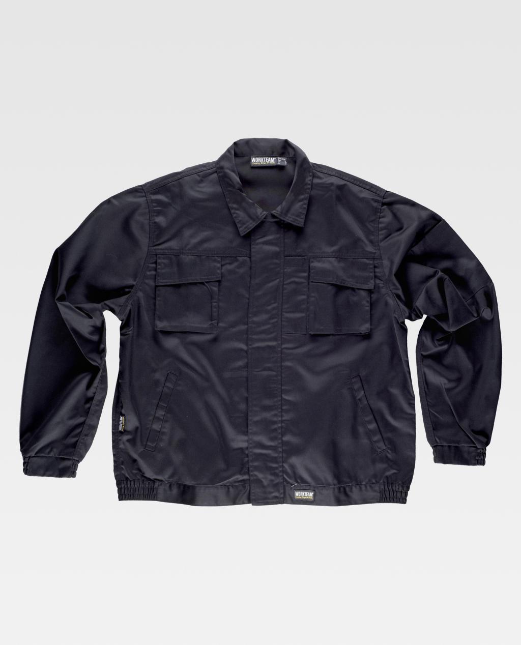 chaqueta de trabajo negra con cuello camisero, bolsillos delanteros de solapa y puños elásticos