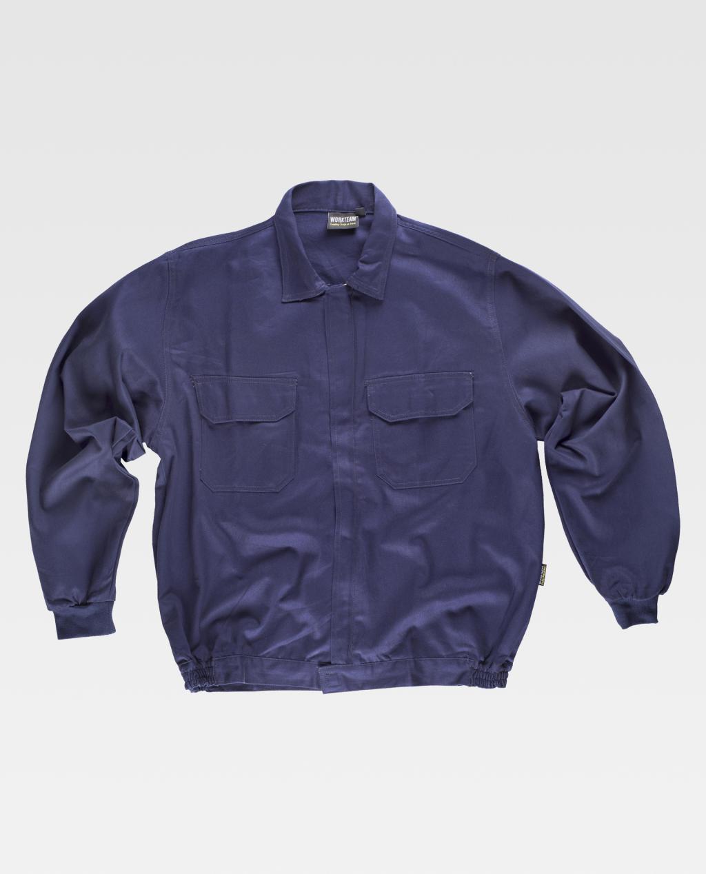 Chaqueta de trabajo azul de manga larga con dos bolsillos frontales y cinturilla elástica