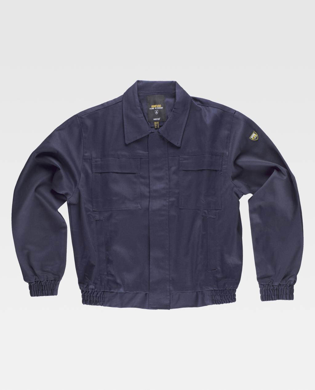 chaqueta de trabajo azul marino con bolsillos delanteros de parche y puños elásticos
