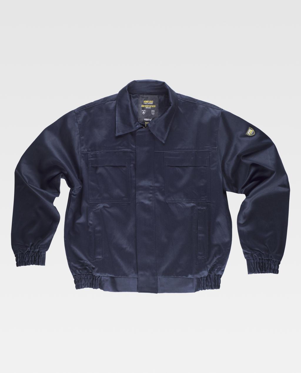 chaqueta de trabajo azul marino con bolsillos frontales y puños elásticos