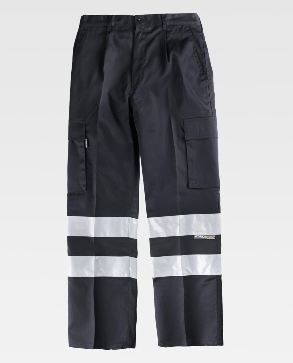 pantalón de trabajo negro con bolsillos laterales y franjas reflectantes en las piernas