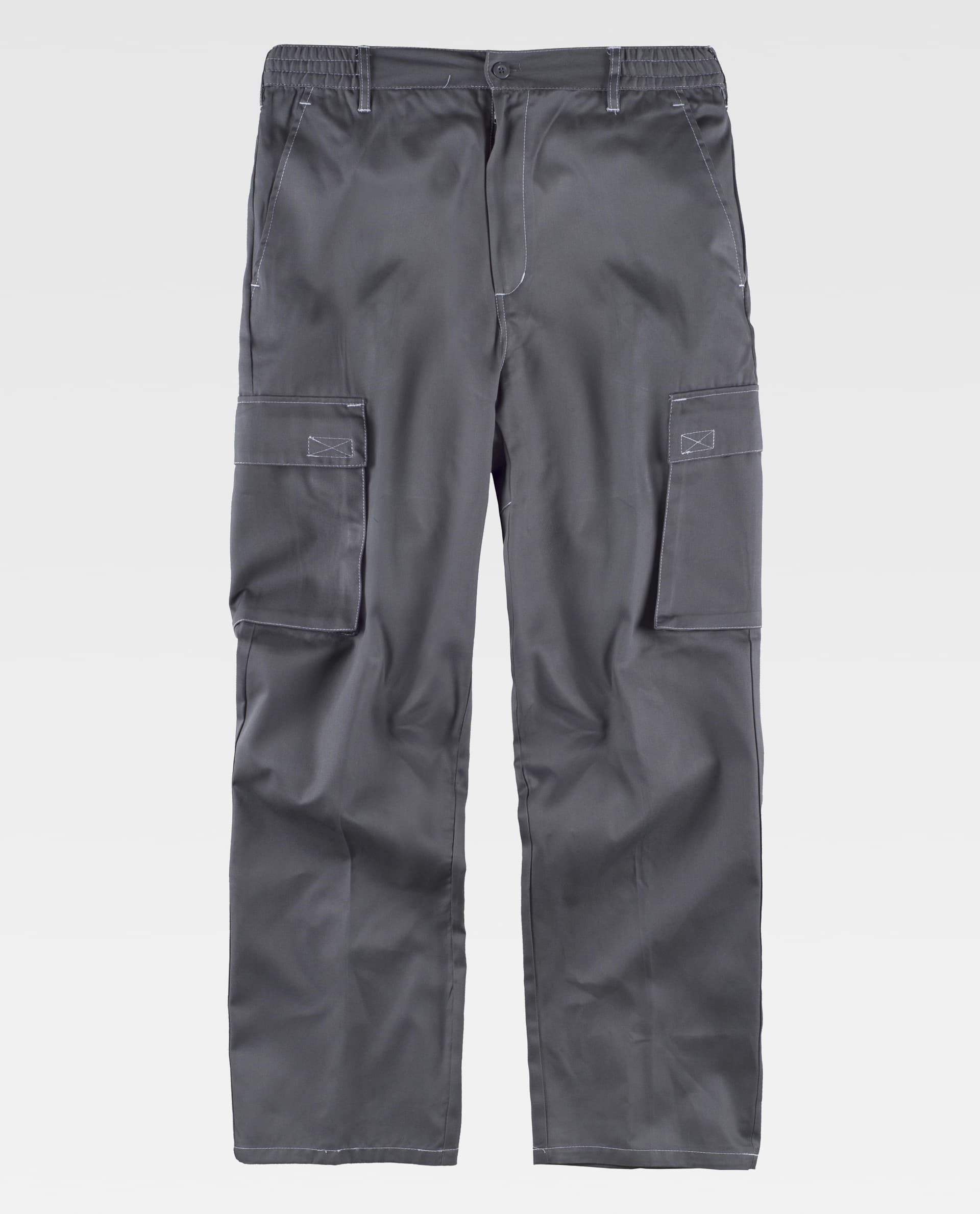 pantalón de trabajo gris con bolsillos cargo laterales sobre fondo blanco