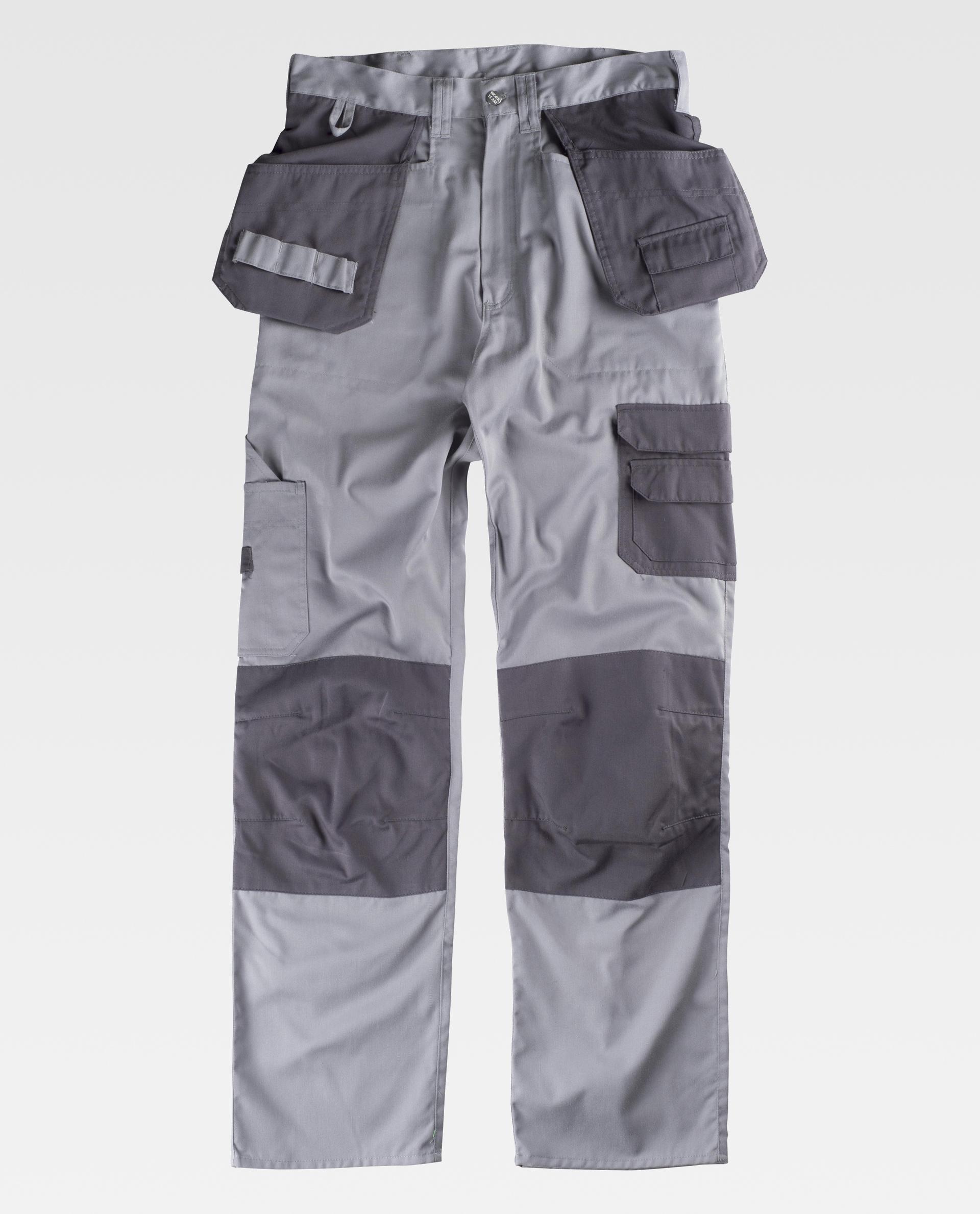 pantalones de trabajo bicolor gris con múltiples bolsillos y refuerzos en rodillas