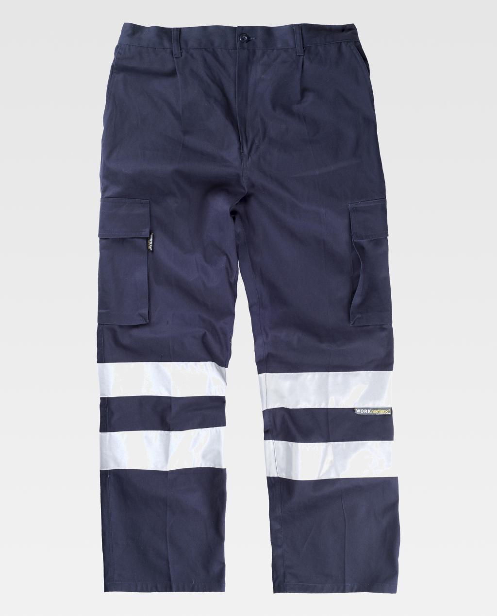 pantalón de trabajo azul marino con bolsillos cargo laterales y bandas reflectantes alrededor de las piernas