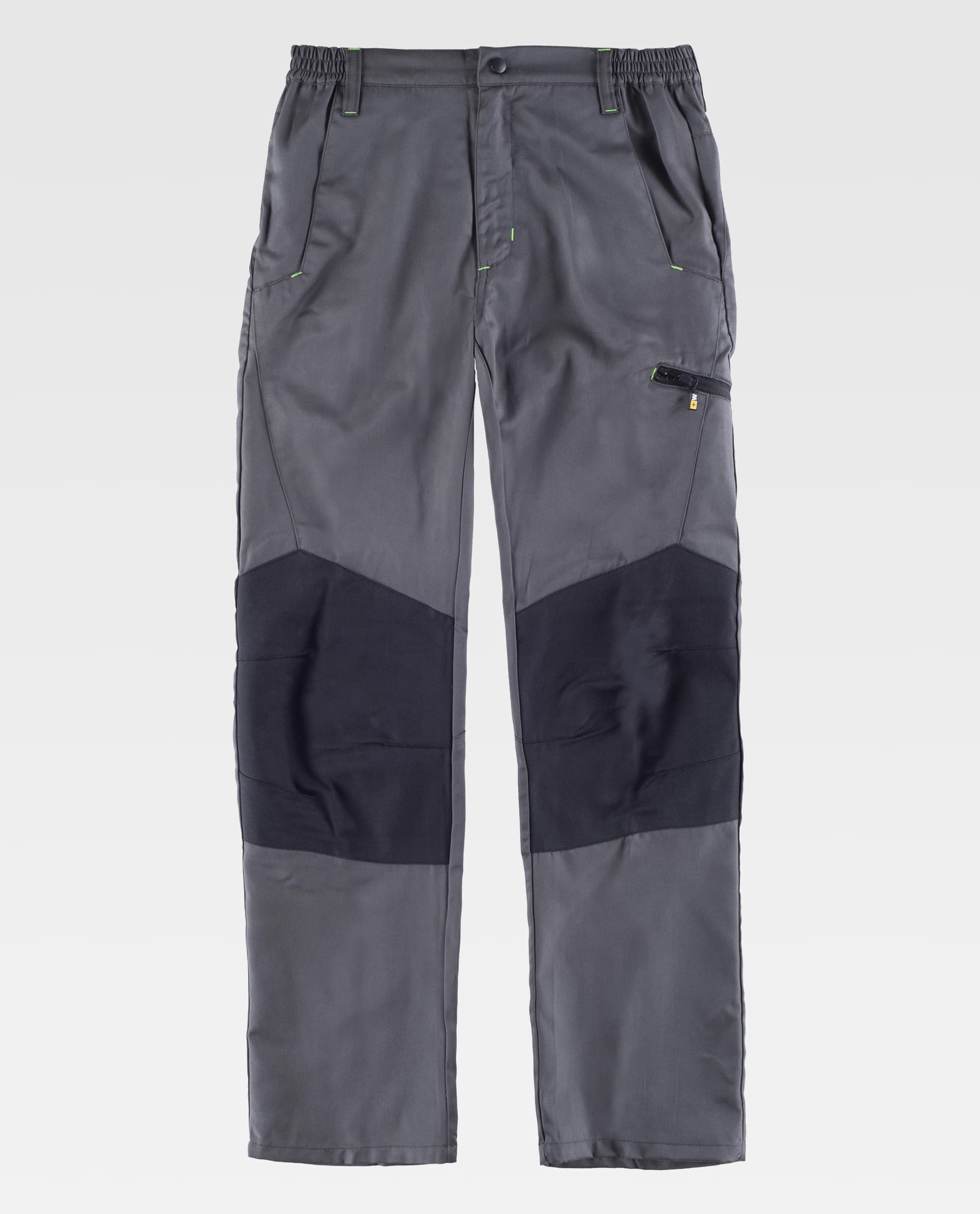Pantalones de trabajo grises con refuerzos negros en las rodillas y bolsillos múltiples.