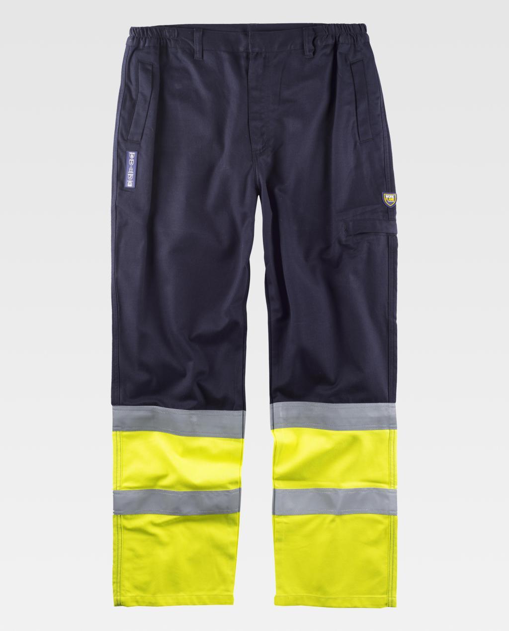 Pantalón de trabajo azul marino con tramo inferior amarillo de alta visibilidad y bandas reflectantes