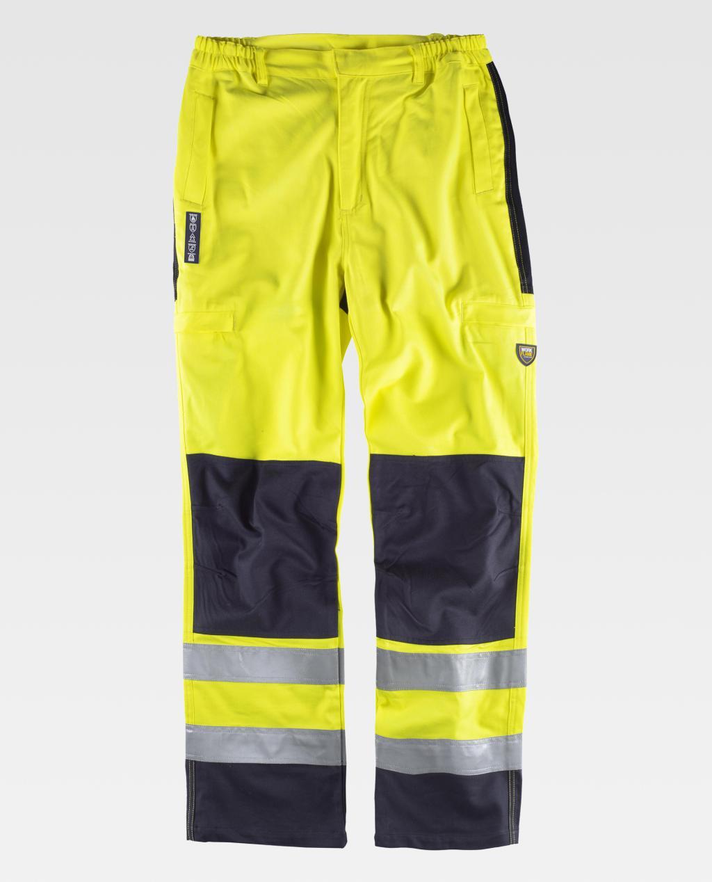 Pantalón de trabajo amarillo fluorescente con refuerzos oscuros y bandas reflectantes