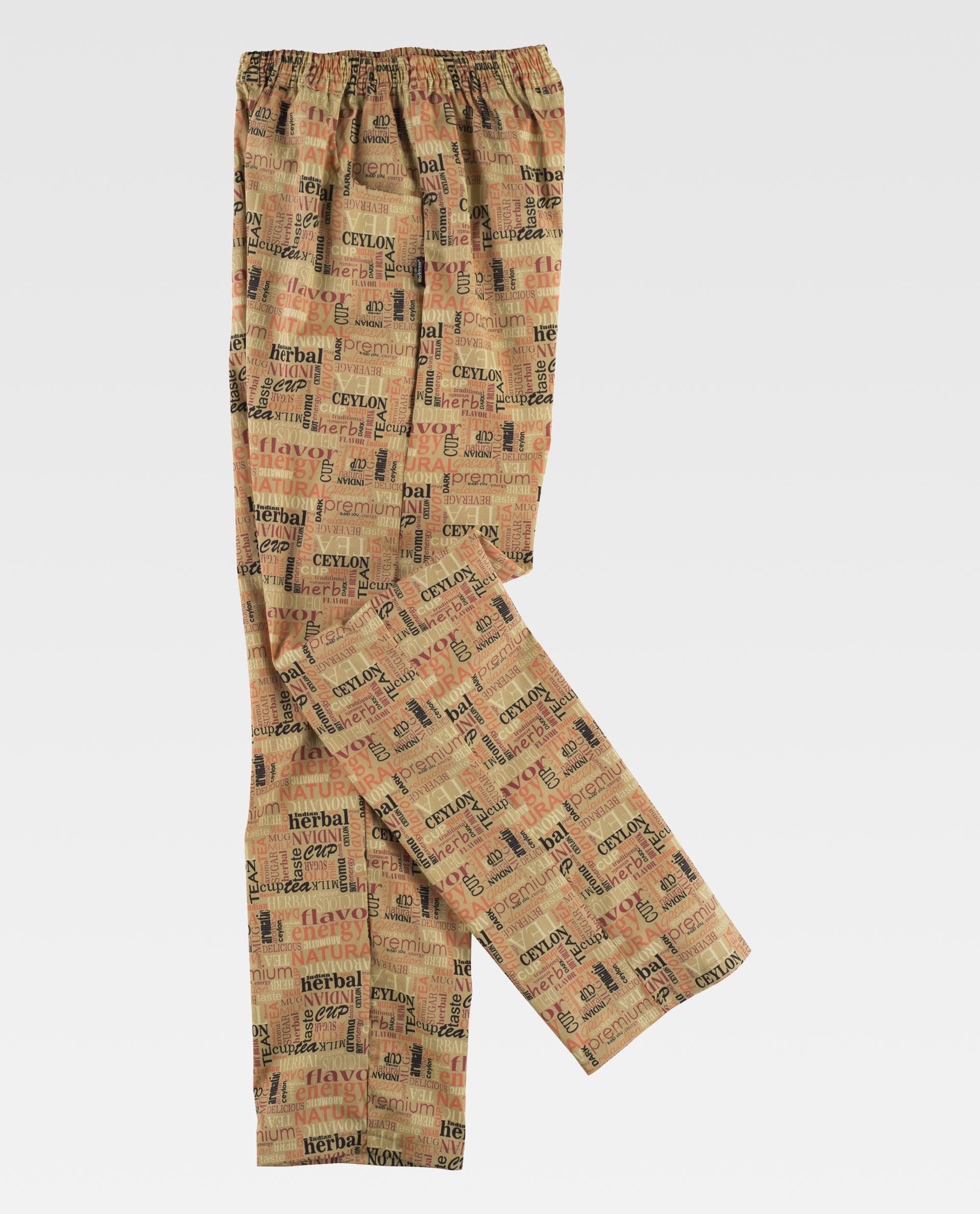 Pantalón de pijama beige con estampado de palabras sobre té (Ceylon, herbal, natural)