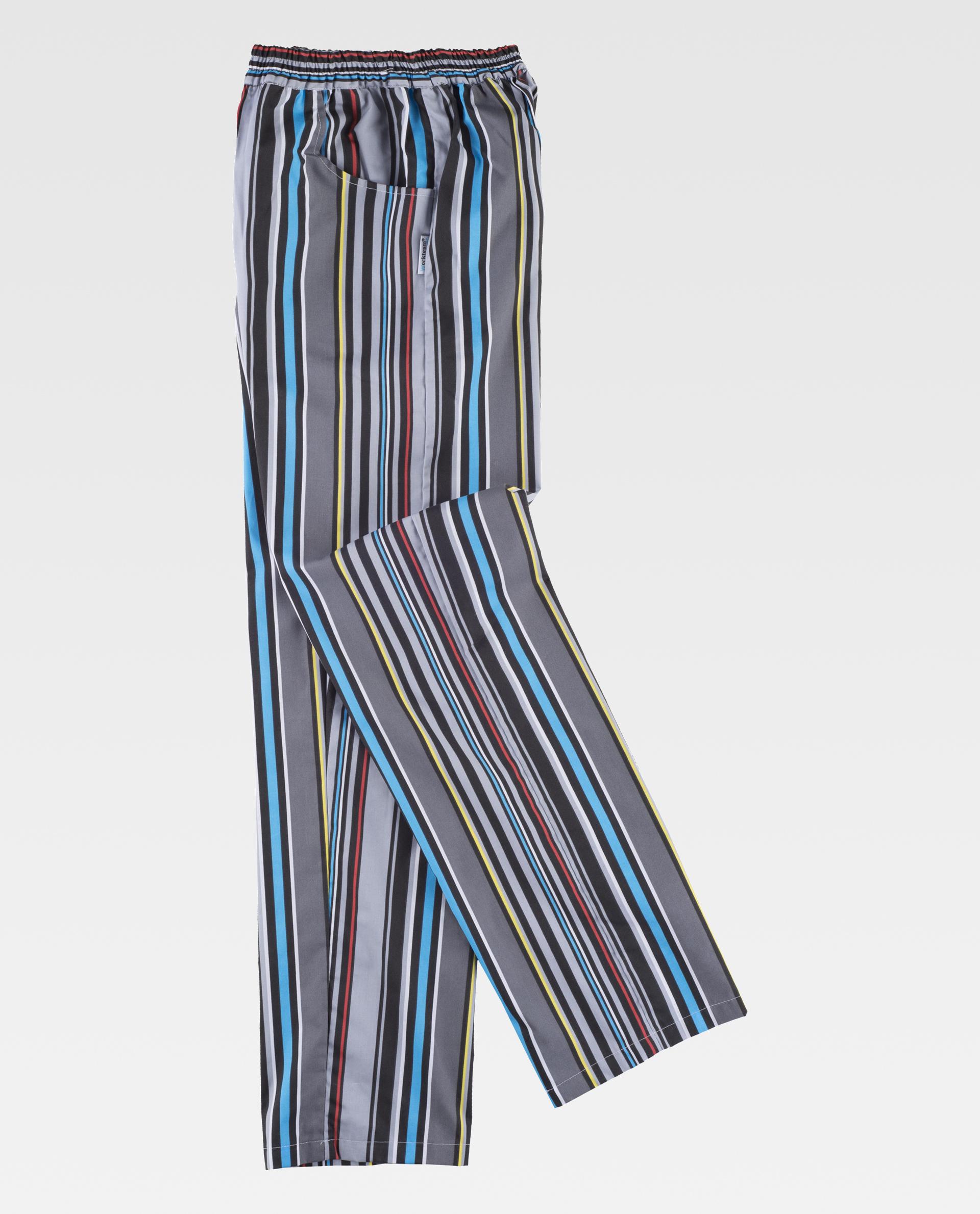 Pantalón largo de tela ligera con raya multicolor y cintura elástica, visto sobre fondo blanco.