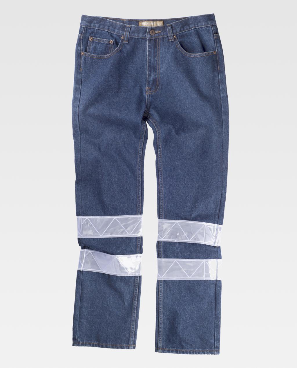 Pantalón vaquero de trabajo azul con bandas reflectantes en rodillas y tobillos