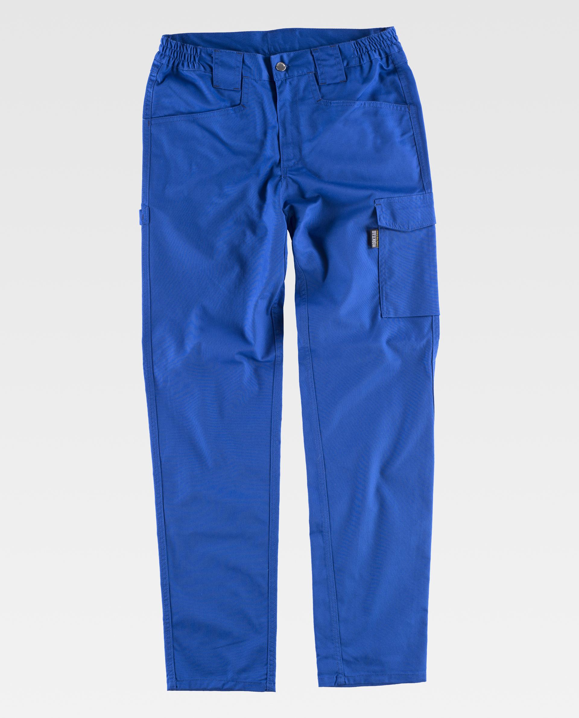 Pantalón de trabajo azul con bolsillos laterales y cinturilla elástica sobre fondo neutro