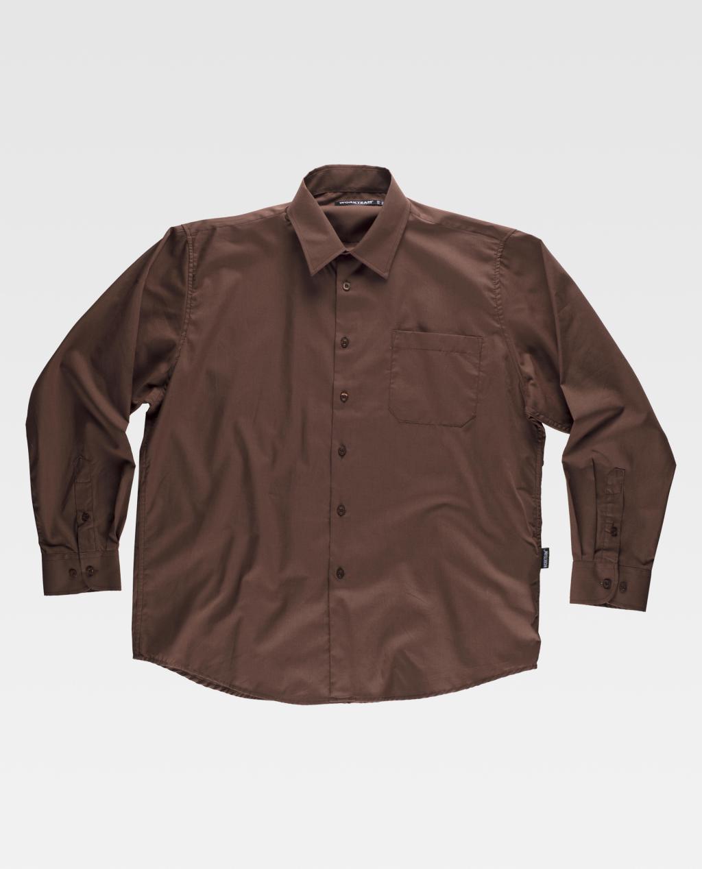 Camisa marrón de manga larga con cuello y bolsillo, vista plana sobre fondo blanco.