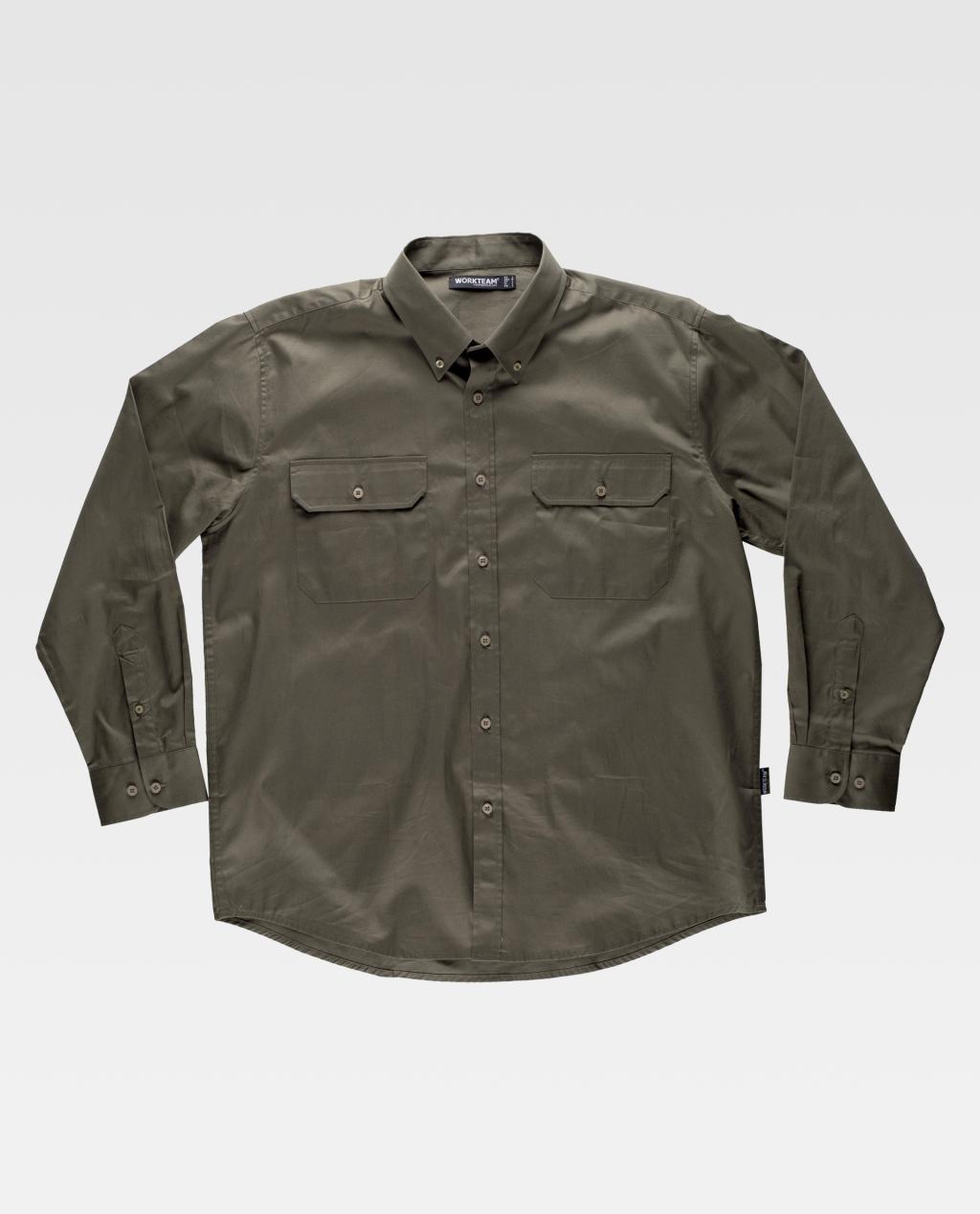 camisa de trabajo verde oliva de manga larga con dos bolsillos de solapa botón en el pecho