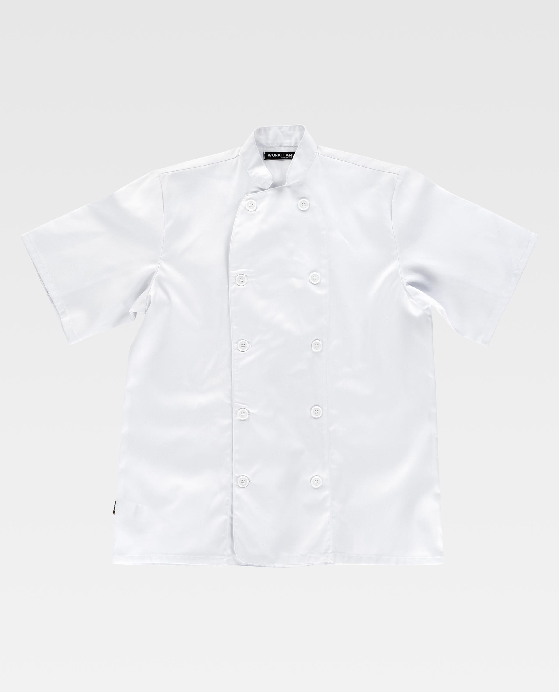 Chaqueta de cocinero blanca de manga corta con doble botonadura sobre fondo neutro