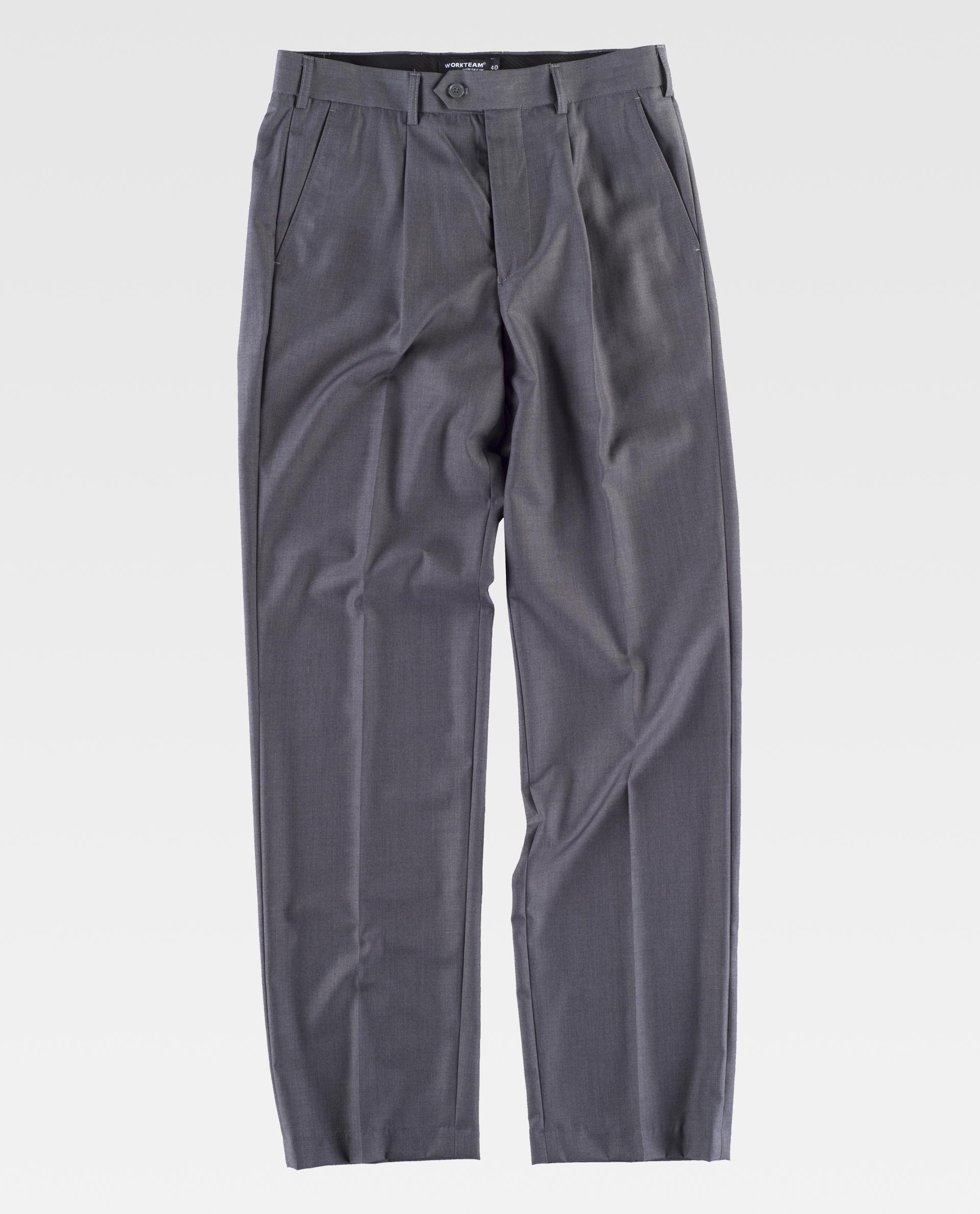 Pantalones grises de uniforme laboral de corte recto sobre fondo blanco