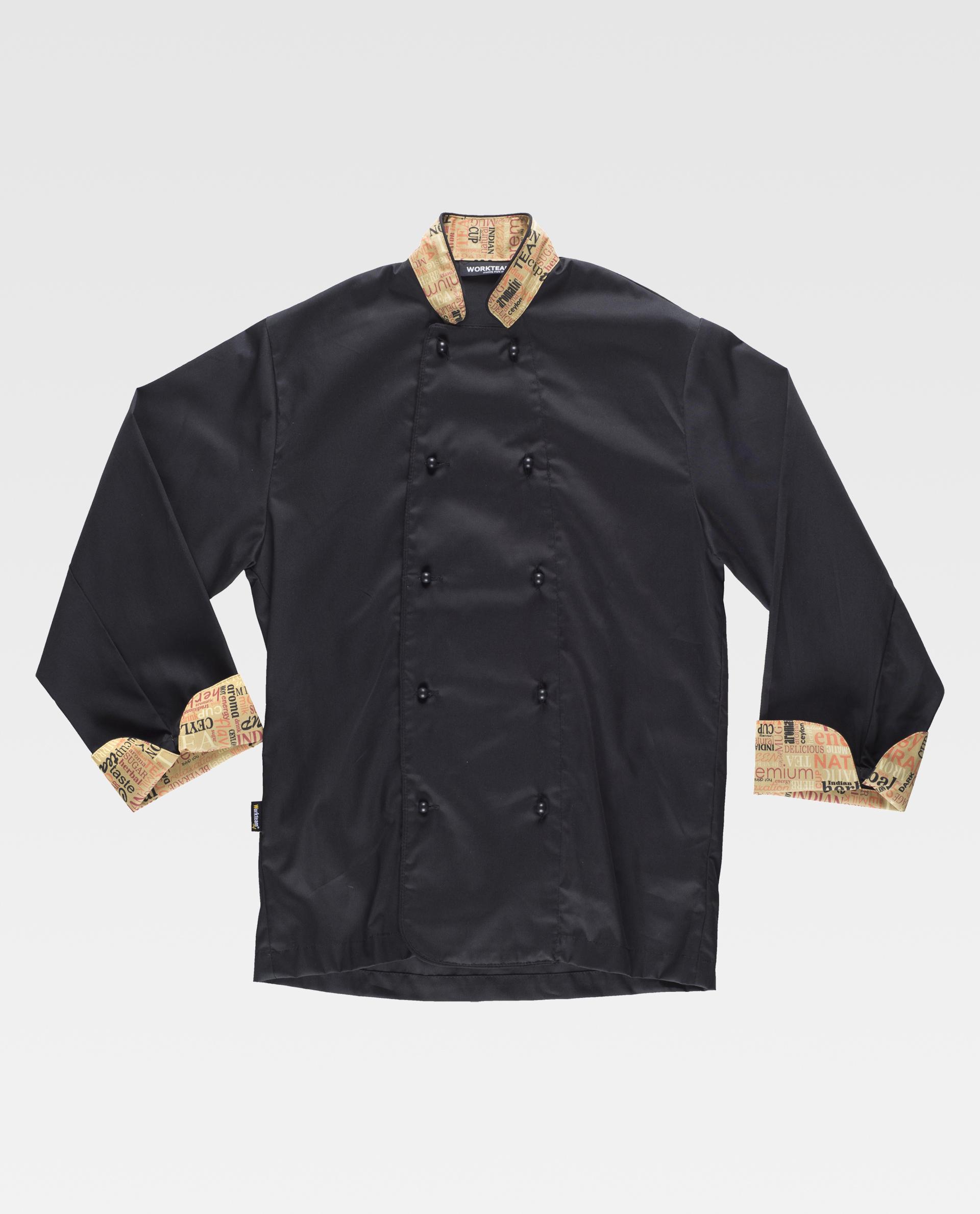 chaqueta de chef negra de doble botonadura con cuello y puños estampados beige con texto