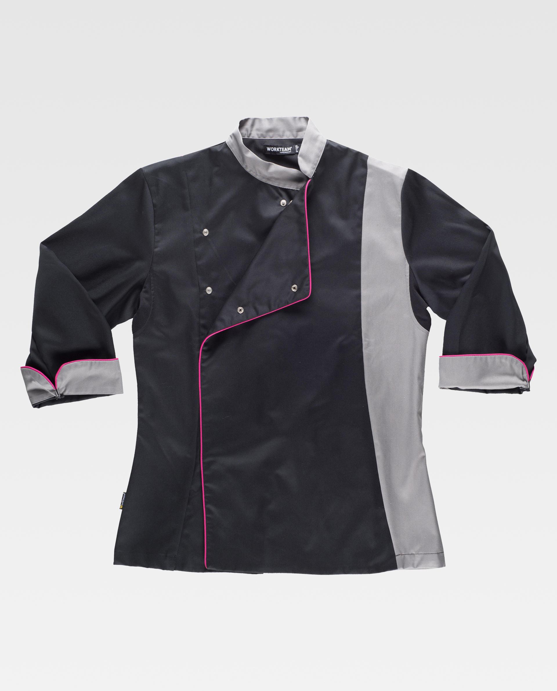 chaqueta de cocinero bicolor en negro y gris con detalle de vivo rosa y mangas tres cuartos plegadas