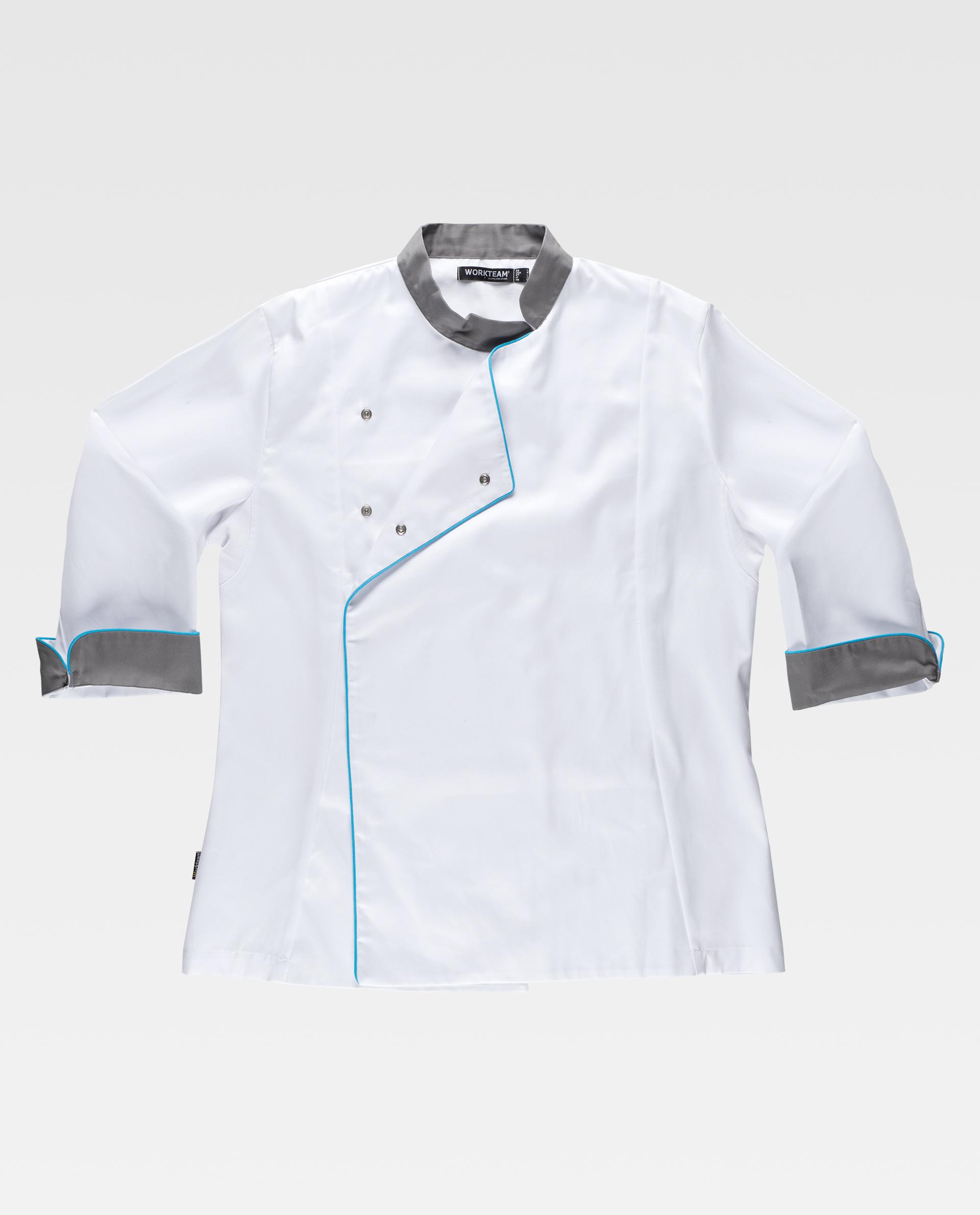 chaqueta de cocinero blanca con cuello y puños grises y ribete turquesa