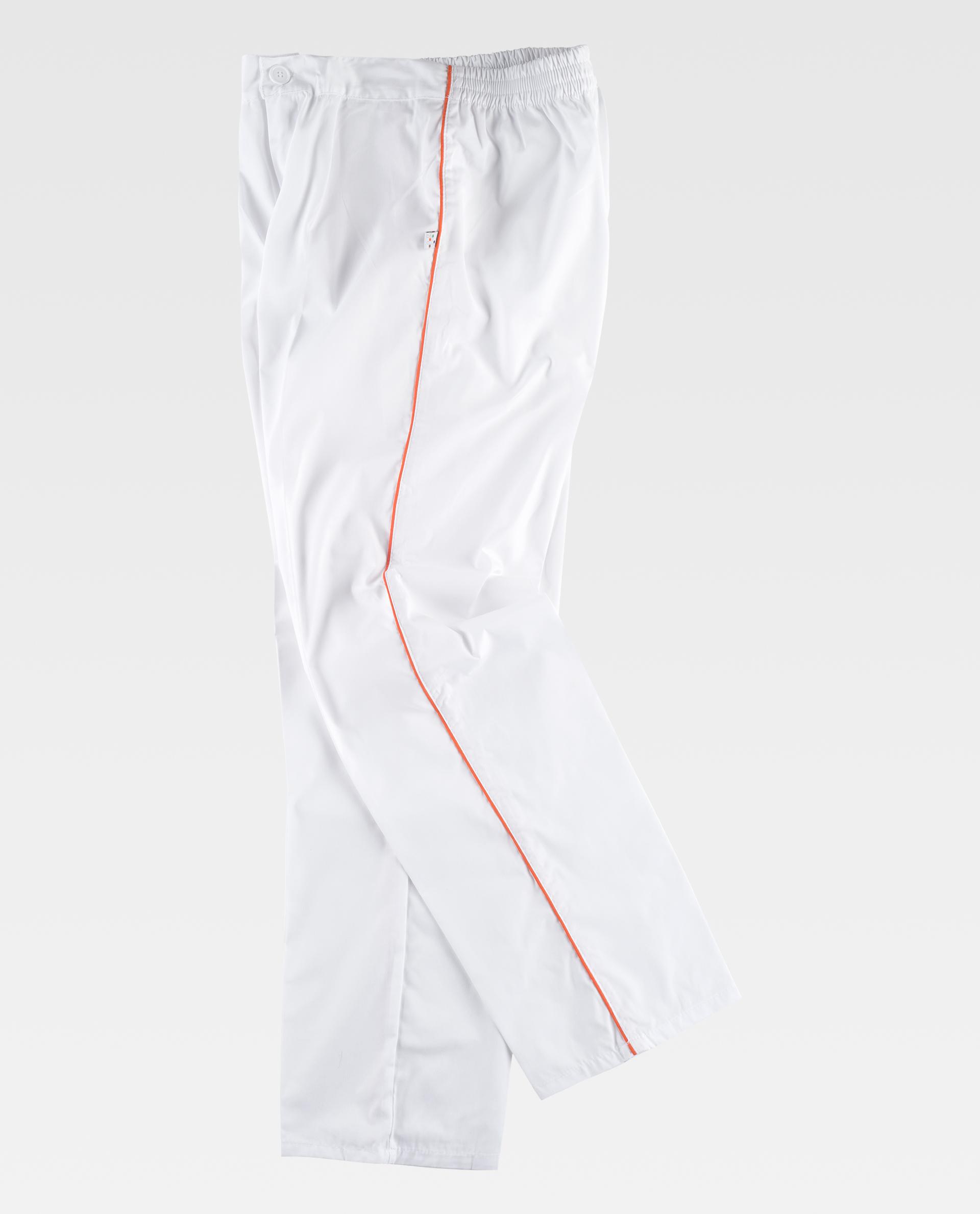 Pantalones de uniforme sanitario blancos con cintura elástica y ribete rojo en la costura lateral