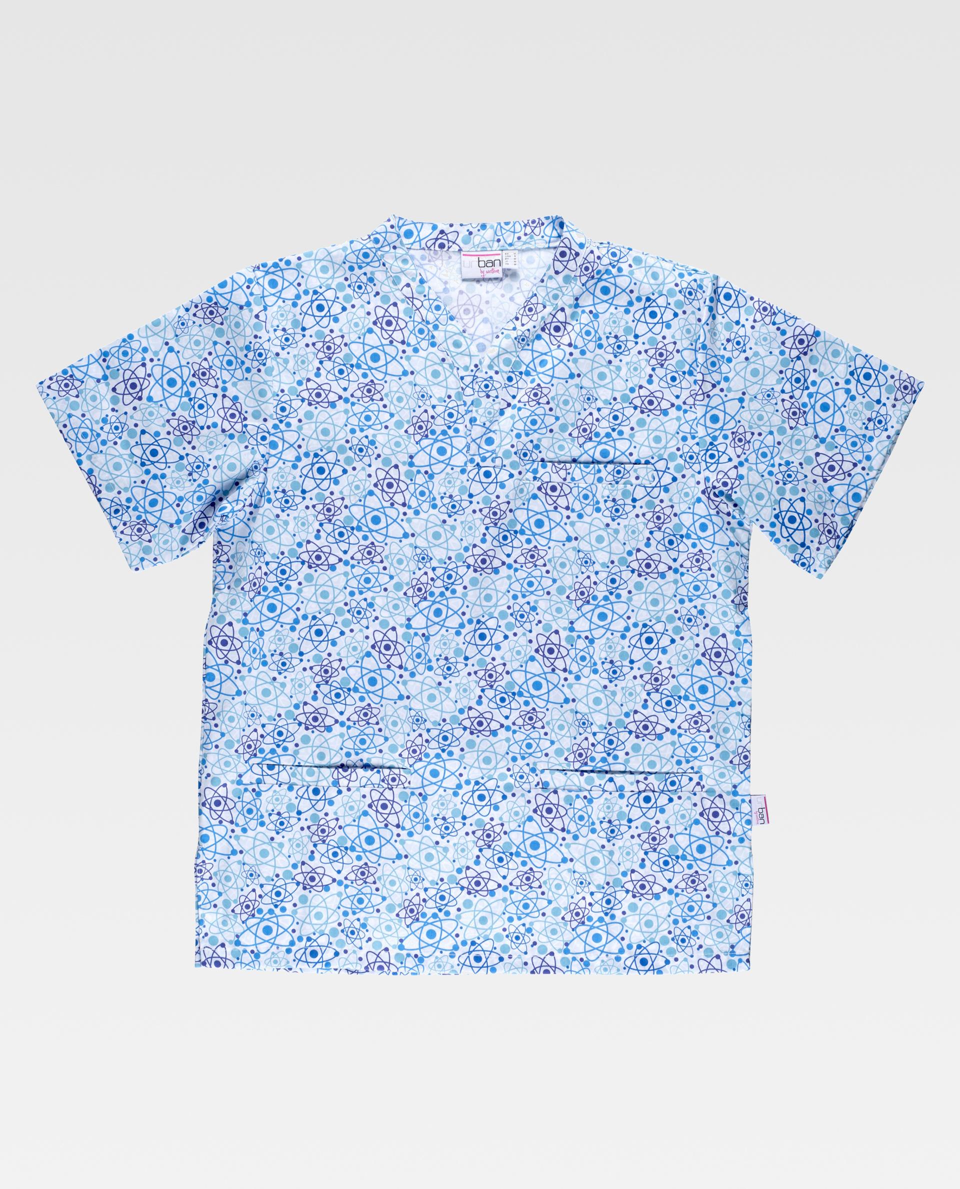 Casaca médica de manga corta con estampado de átomos en tonos azules y morados
