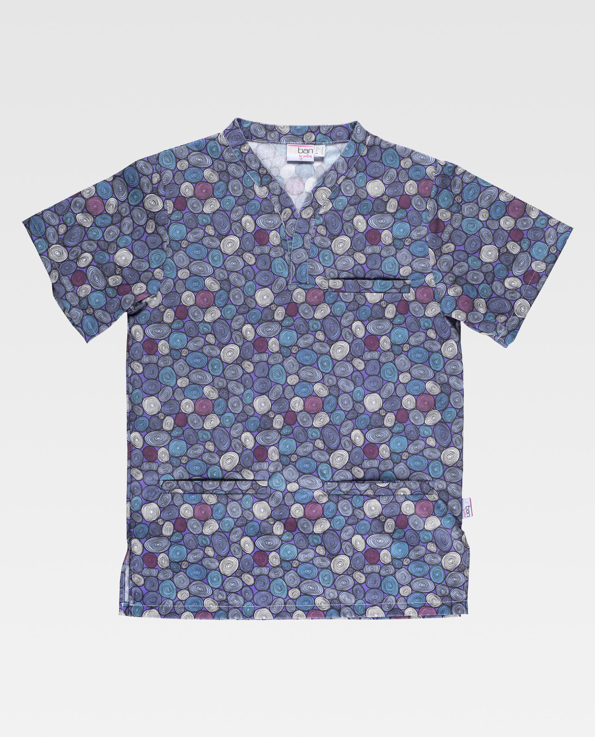 Casaca sanitaria de manga corta con estampado de círculos en tonos morado, azul y gris y bolsillos frontales