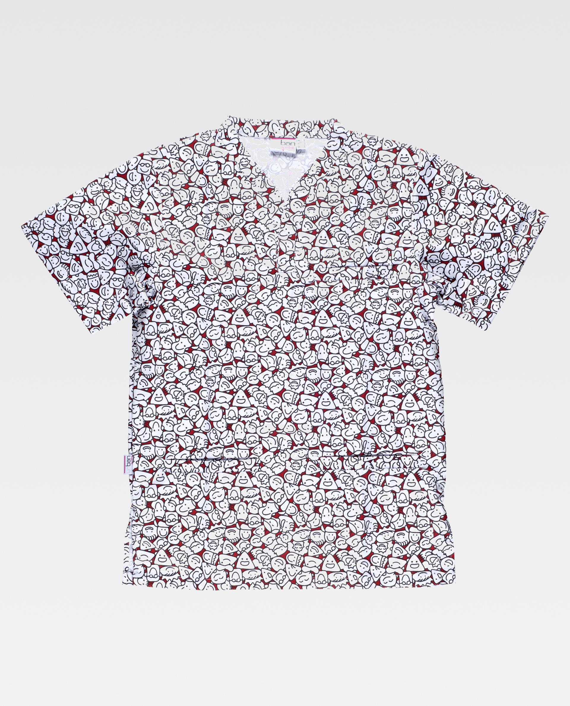 Camiseta sanitaria blanca de manga corta con estampado repetido de dibujos de dientes sonrientes con gorro rojo.