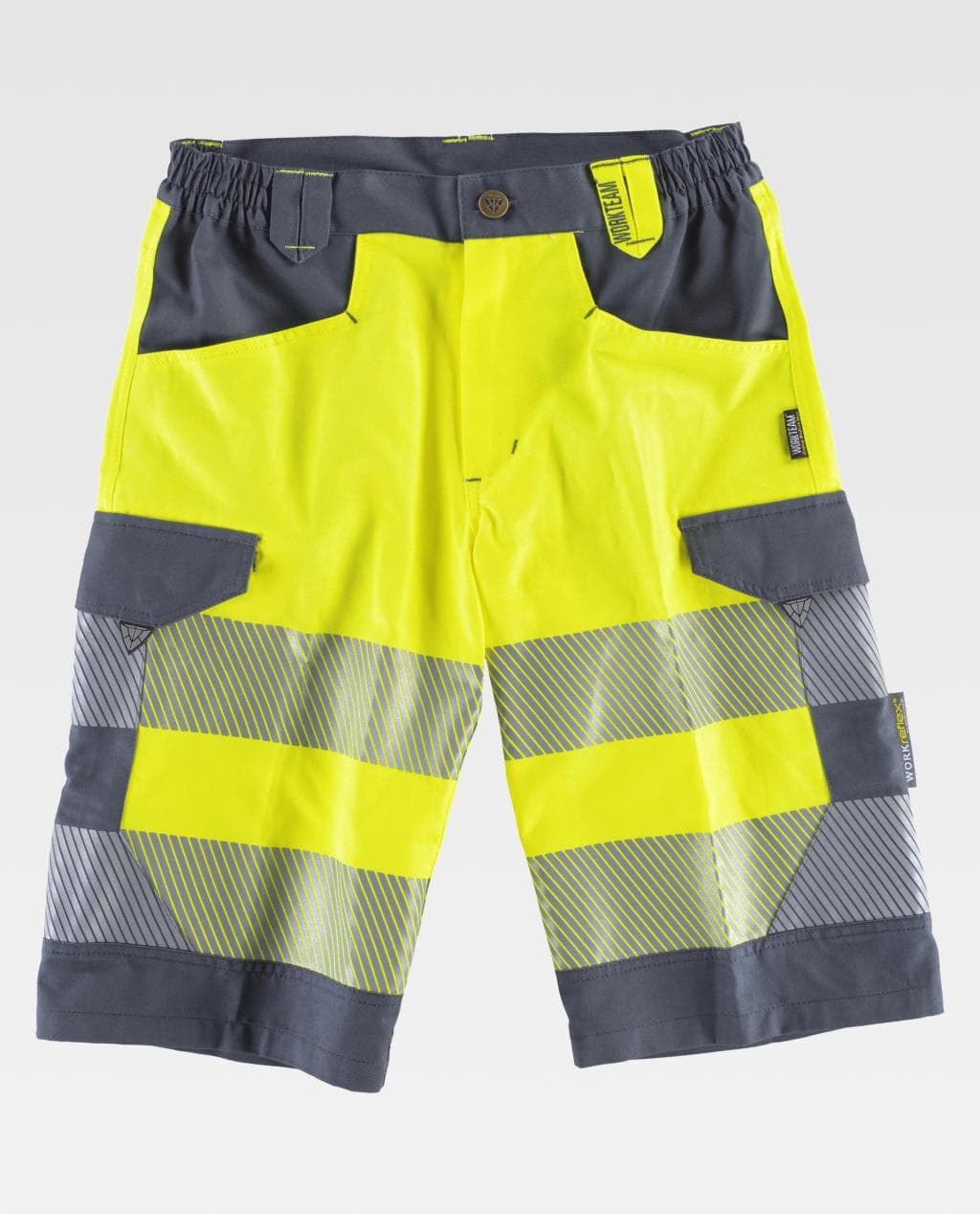 pantalones cortos de trabajo amarillo y gris con bandas reflectantes de alta visibilidad