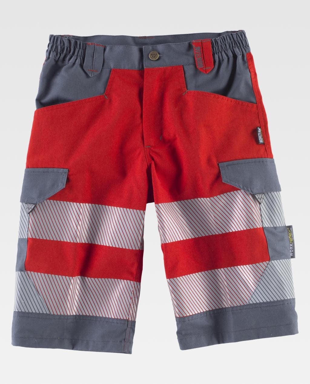 Pantalón corto de trabajo rojo y gris con bandas reflectantes y bolsillos laterales