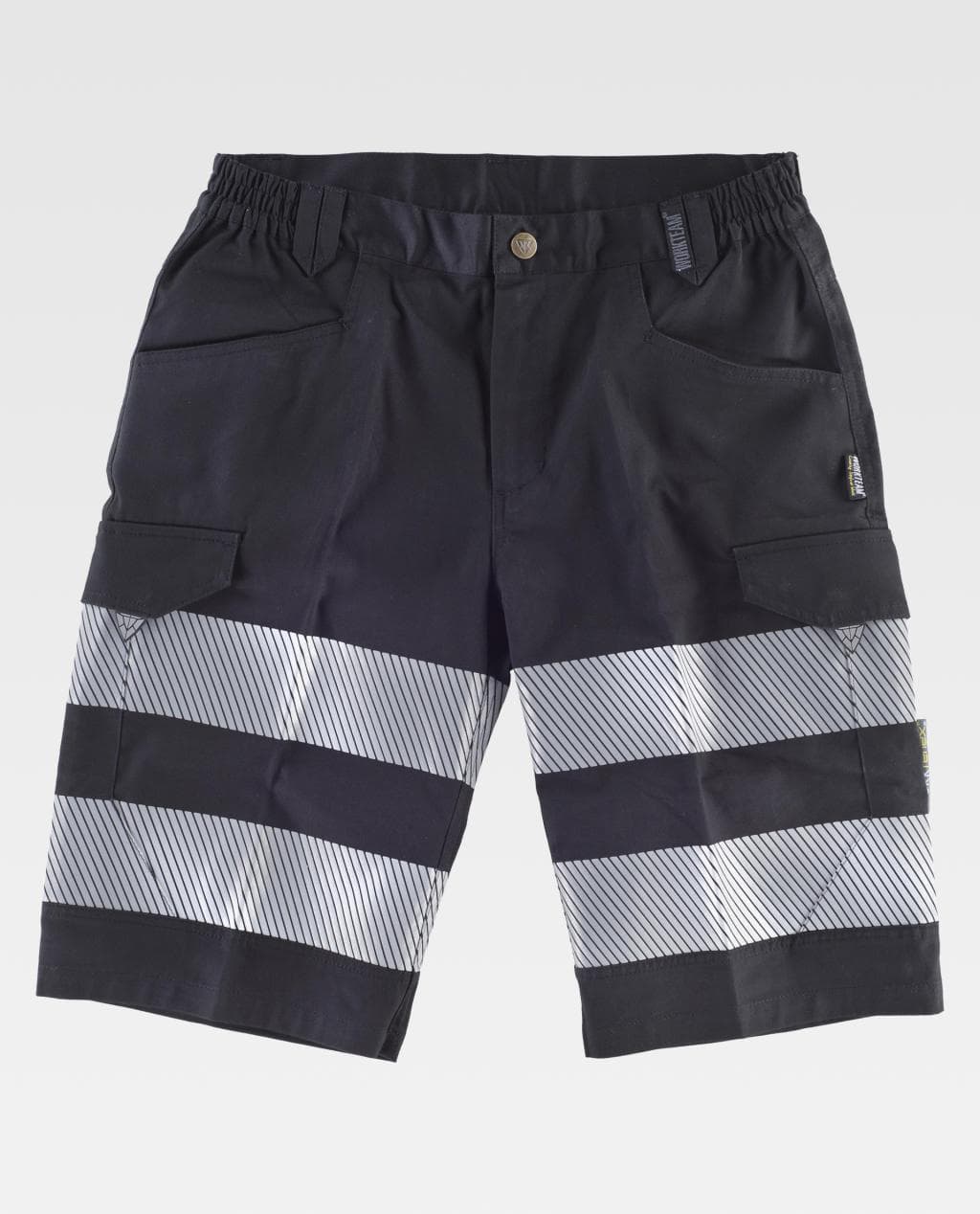 Pantalones cortos de trabajo negros con dos franjas reflectantes horizontales y bolsillos cargo