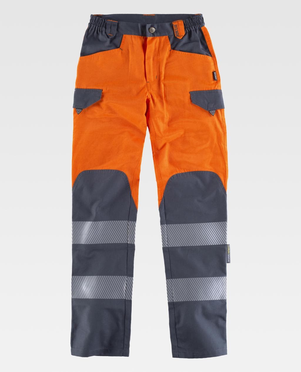 pantalón de trabajo bicolor naranja y gris con bolsillos y bandas reflectantes en las perneras