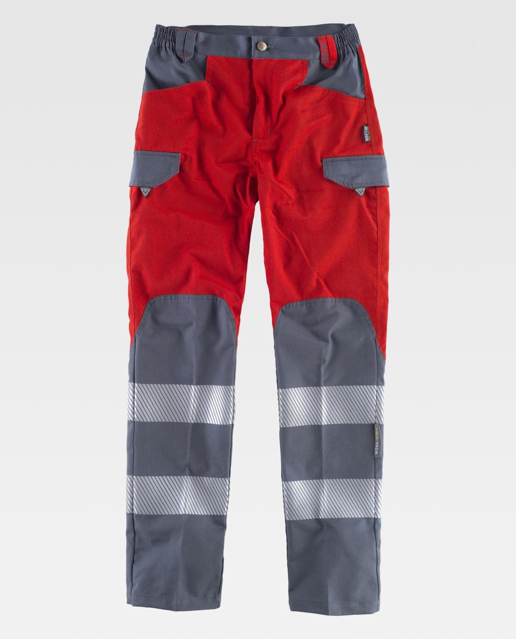pantalones de trabajo rojo y gris con bolsillos laterales y bandas reflectantes en las piernas