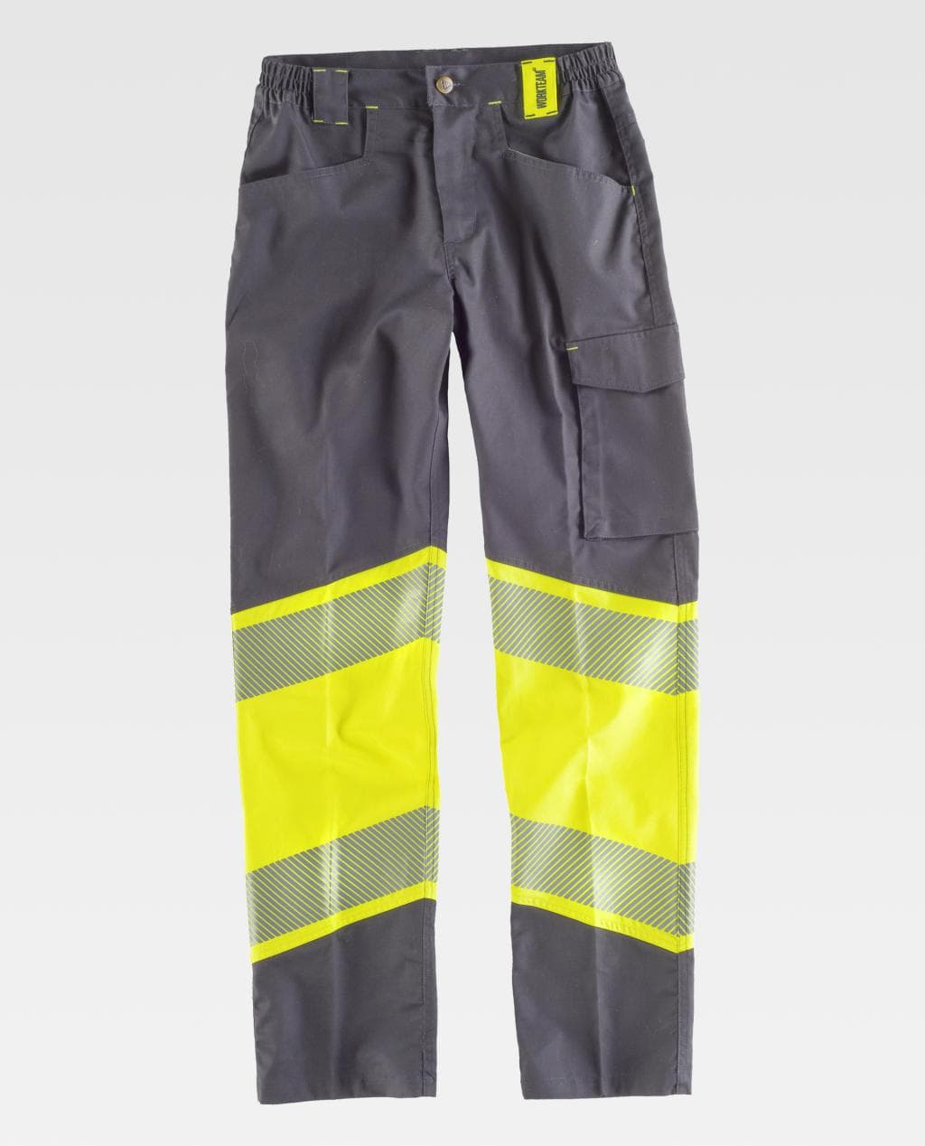 Pantalón de trabajo gris con franjas reflectantes amarillas de alta visibilidad