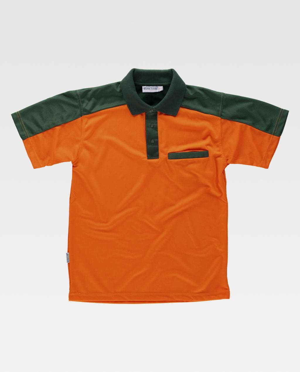 Polo de trabajo naranja con cuello y hombros verdes and bolsillo pecho sencillo.