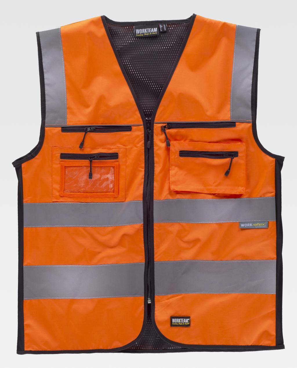 chaleco de alta visibilidad naranja con bandas reflectantes y varios bolsillos delanteros cierre cremallera
