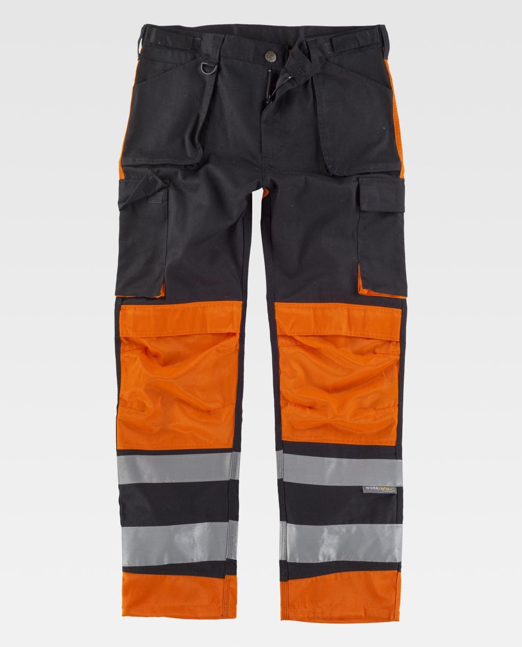 pantalones de trabajo negros y naranjas con bolsillos múltiples y bandas reflectantes en los bajos