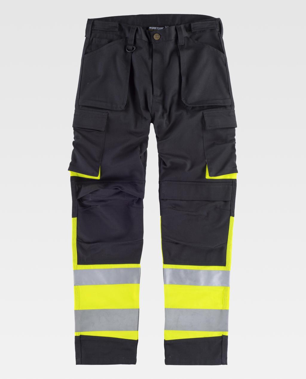 Pantalones de trabajo negros con bolsillos múltiples y franjas reflectantes amarillas en las piernas