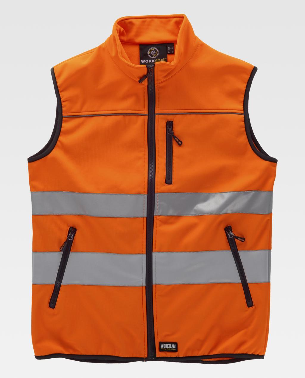 chaleco de alta visibilidad naranja con franjas reflectantes grises y cremallera central
