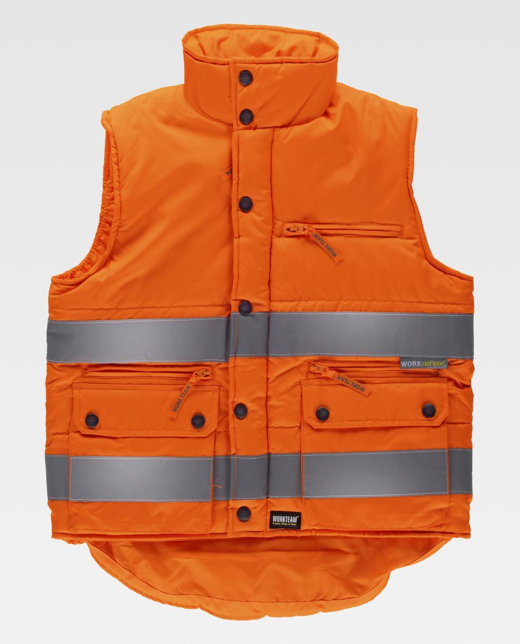 chaleco de alta visibilidad naranja acolchado con bandas reflectantes y bolsillos delanteros