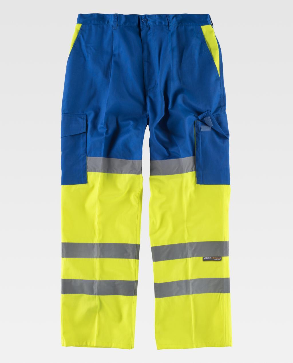 Pantalón de trabajo azul y amarillo fluorescente con bandas reflectantes en las piernas