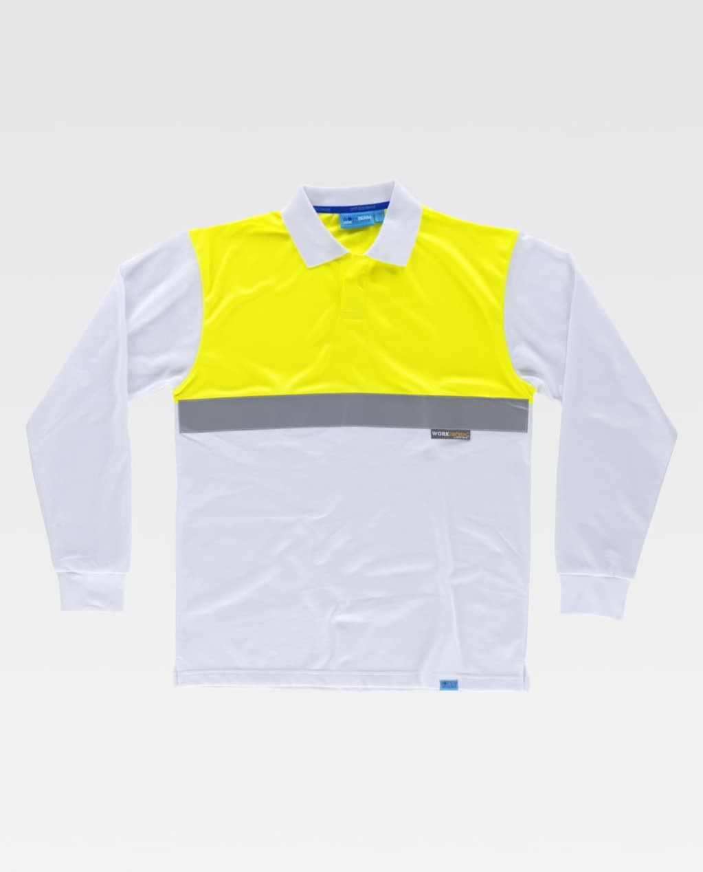 Polo de manga larga blanco con parte superior amarilla y banda reflectante gris diseñado para señalización y seguridad laboral.