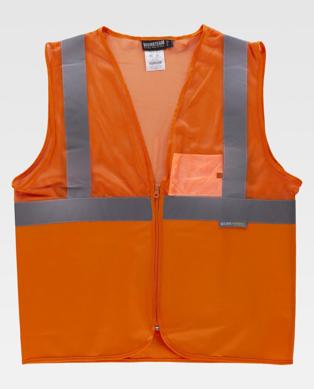 Chaleco reflectante de seguridad naranja con cremallera frontal y bandas grises reflectantes