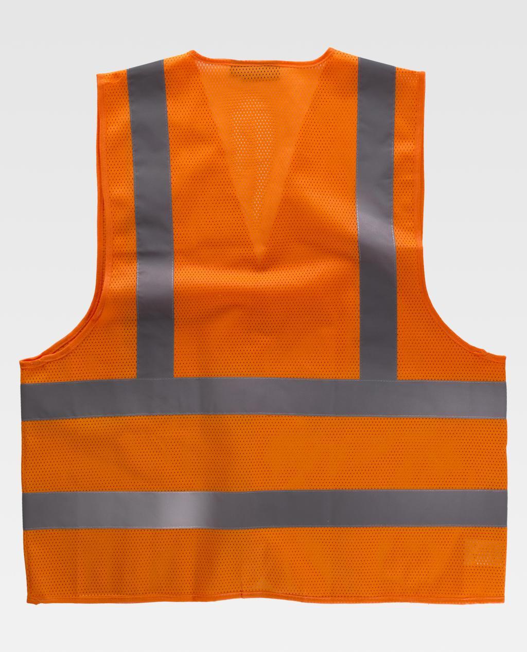 Chaleco reflectante naranja de alta visibilidad con bandas grises para seguridad en obras