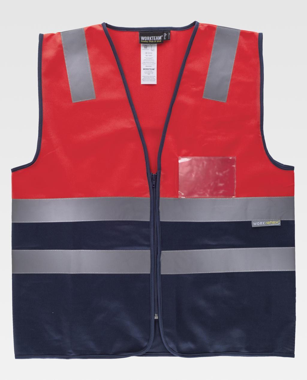 chaleco de seguridad rojo y azul marino con franjas reflectantes y cremallera frontal
