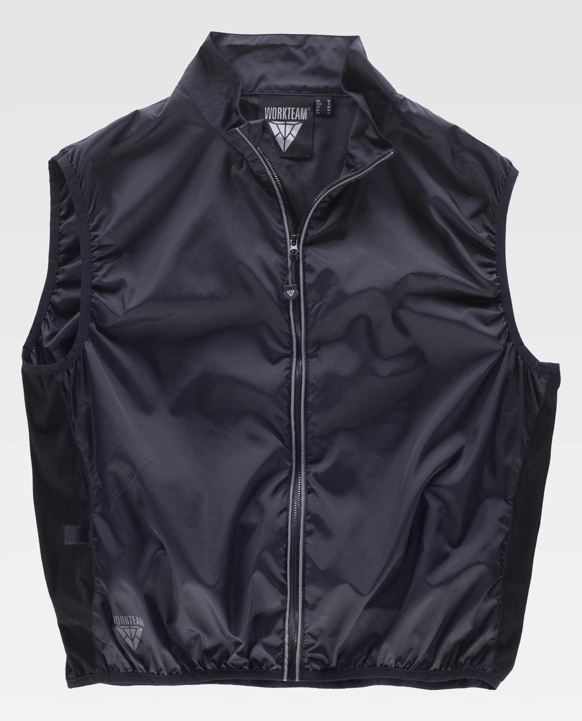 Chaleco sin mangas impermeable azul marino con cremallera y etiqueta de la marca Workteam