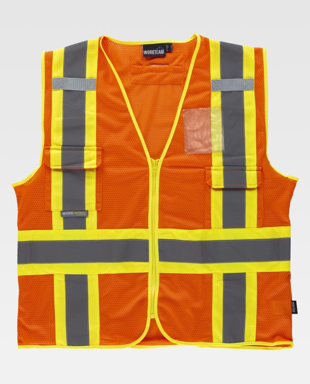 chaleco de alta visibilidad naranja con bandas reflectantes amarillas y grises inacabado en cremallera delantero