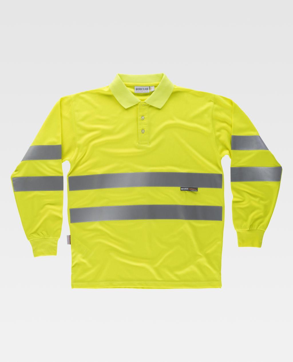 Polo de manga larga amarillo fluorescente con bandas reflectantes grises en torso y brazos