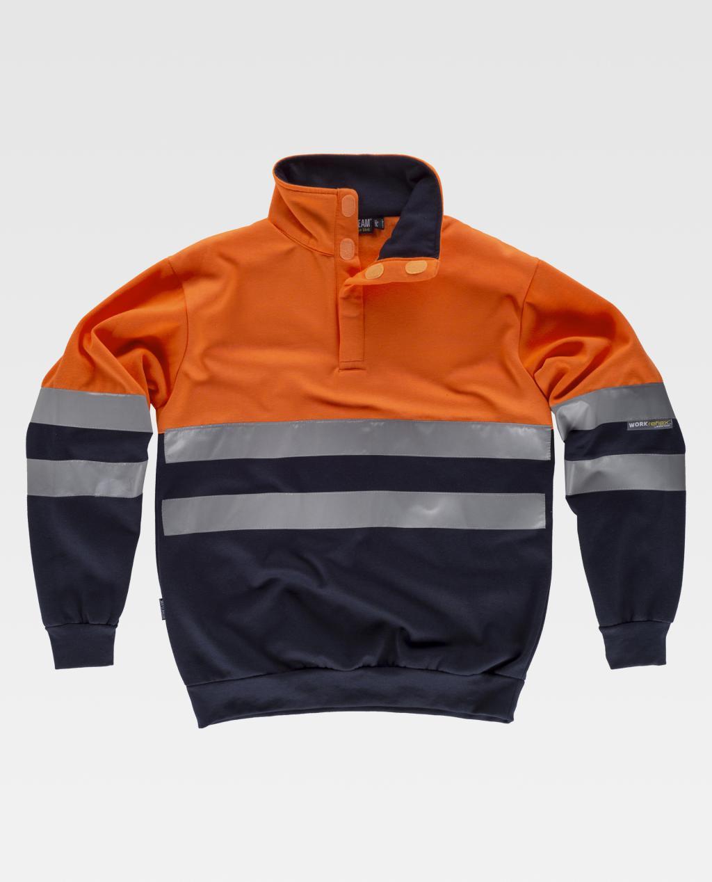 sudadera de alta visibilidad naranja y azul marino con bandas reflectantes horizontales