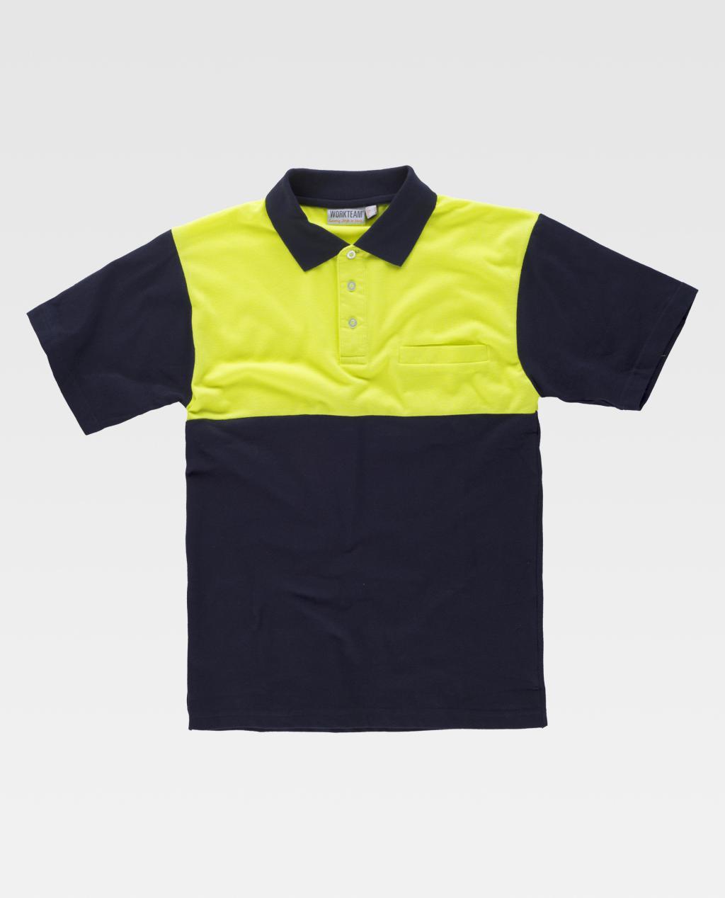 Polo de alta visibilidad bicolor con parte superior amarilla fluorescente y parte inferior azul marino.