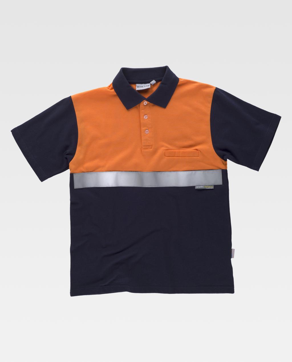 Polo laboral bicolor naranja y azul marino con banda reflectante en el pecho