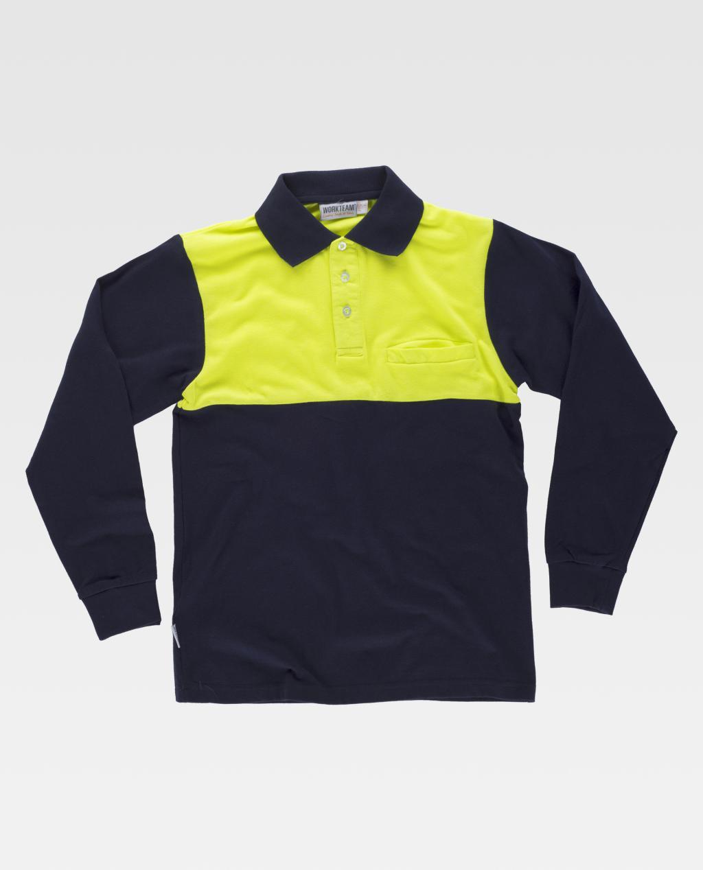 Polo de manga larga bicolor amarillo fluorescente y azul marino de alta visibilidad